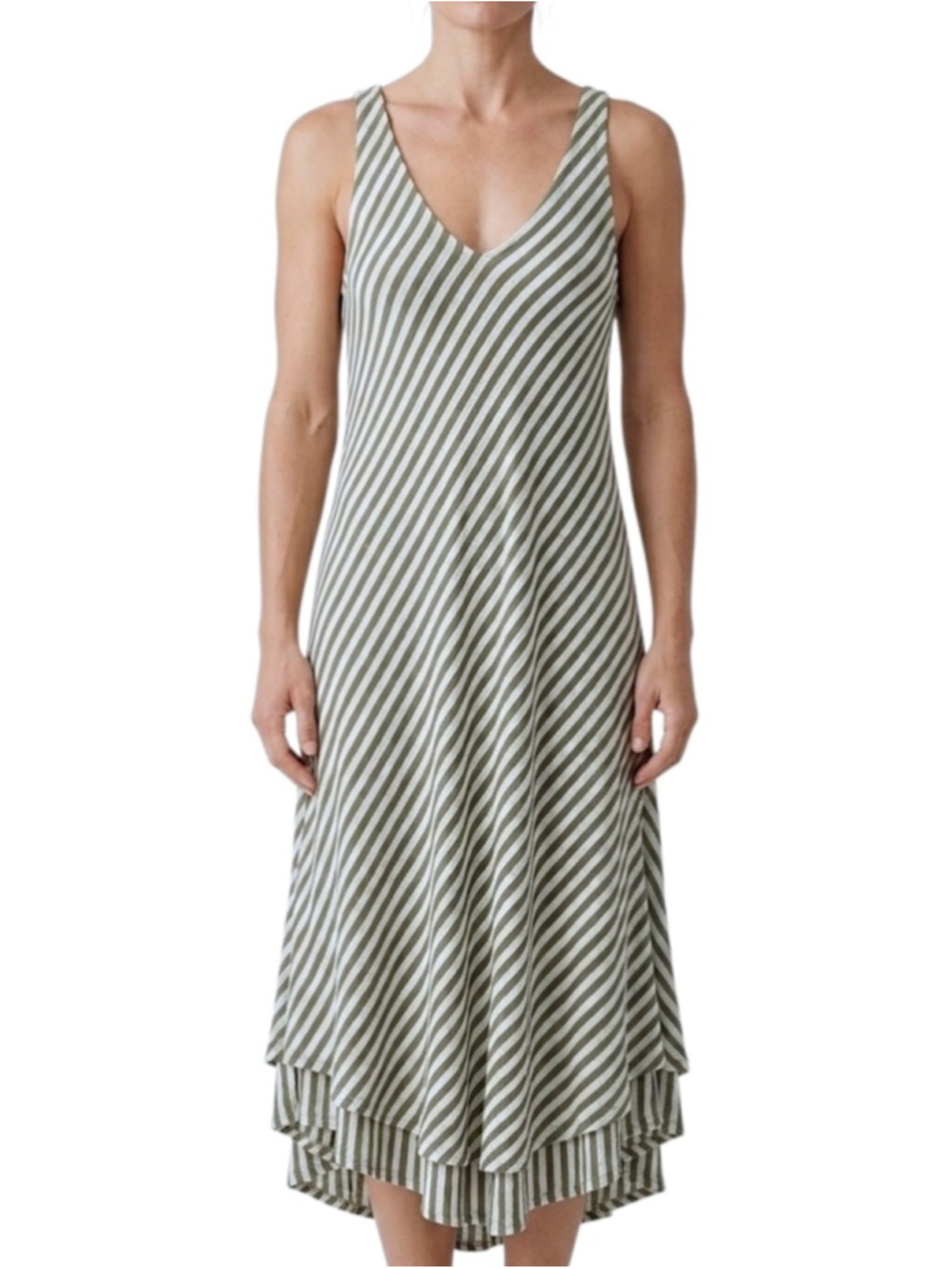 Angela Mara Italy khaki green beige stripe old money cotton blend summer dress L